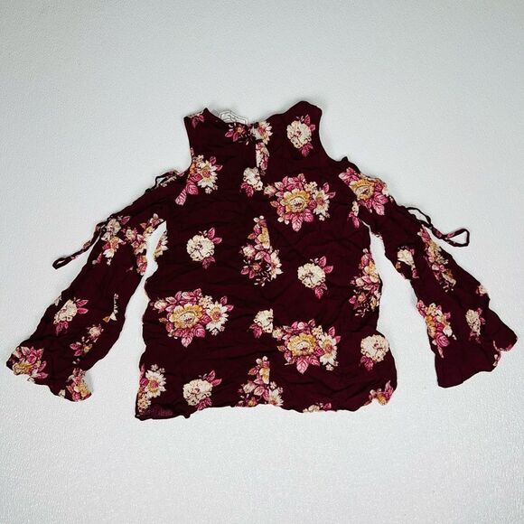 Hippie Rose Womens Floral Print Cold Shoulder Blouse Burgundy XS NWT - Picture 7 of 11